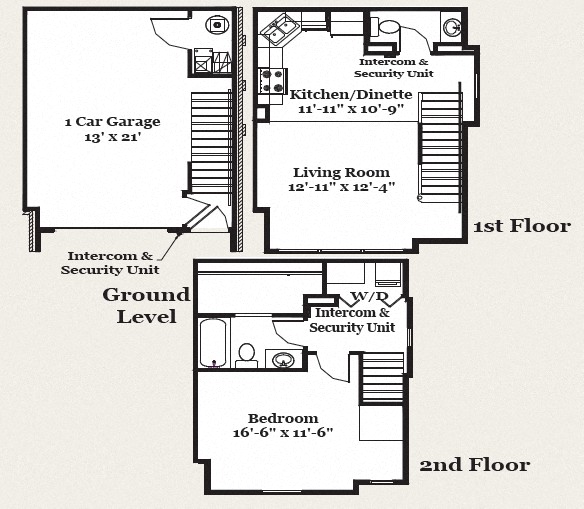 Floor plan for 1 bed, 1.5 baths, 650 sqft
